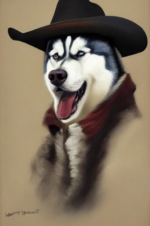 Prompt: a portrait painting of a husky in cowboy costume, wearing a cowboy hat, by rembrandt, trending on artstation