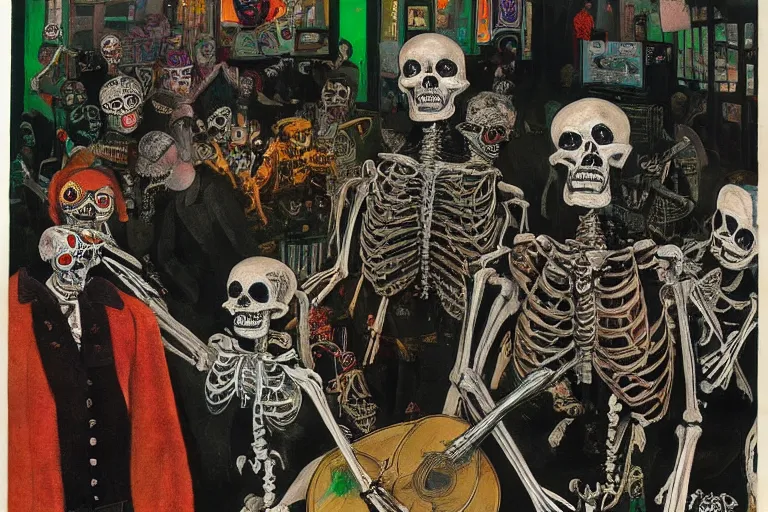 Image similar to scene from amusement arcade, day of the dead, cyber skeleton, queen in black silk in the center, neon painting by otto dix