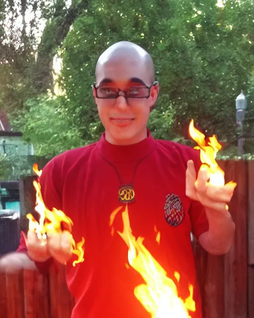 Image similar to [ squidward ] wearing fire nation clothing and practicing firebending outside at susnset