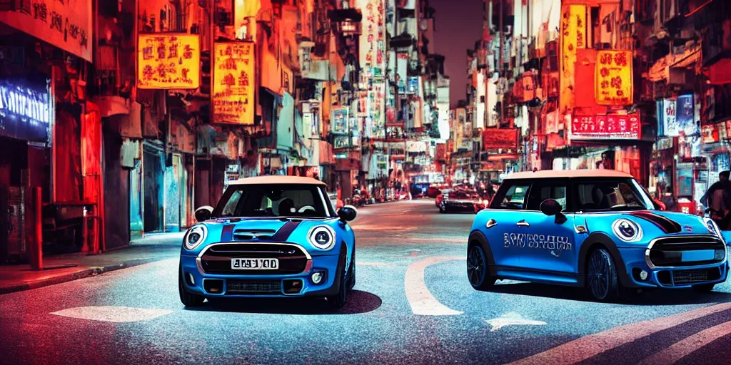 Prompt: Mini Cooper S with blood vinyl in the middle of a road on the night Hong Kong china town, blue color grading, cinematic color grading , unreal 5, hyperrealistic, realistic, photorealistic, dynamic lighting, highly detailed, cinematic landscape, studio landscape, studio lighting