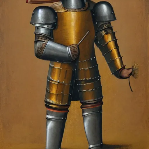 Image similar to one - armed medieval armored knight with bucket on his head, painting