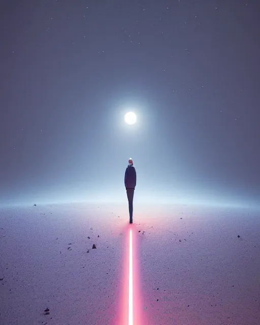 Image similar to a person standing in front of a glowy open door that's on a barren moon, poster art by mike winkelmann, trending on cg society, space art, sci - fi, ue 5, futuristic, volumetric lighting, light casting onto the ground, neat composition and camera angle