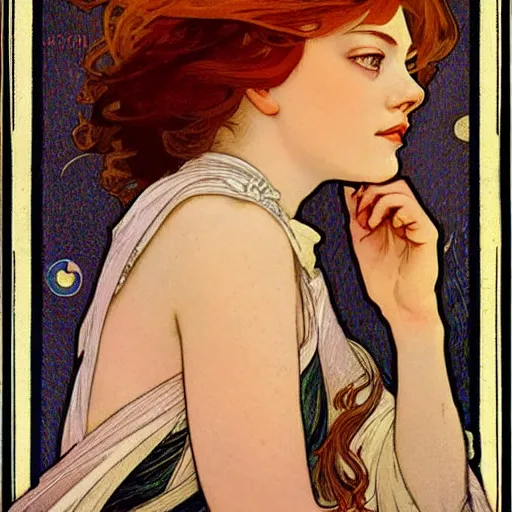 Image similar to emma stone portrait by louis - theophile hingre and alphonse mucha, realistic, sharp focus, zodiac signs, tarot cards, planets, ethereal, art nouveau, magic, moon, sun, crown, dreamy, royal, jewellery