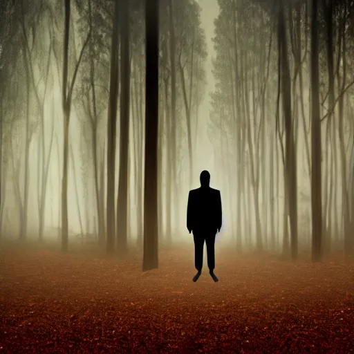 Prompt: found footage sighting of a slender man at night in a forest, fog, volumetric lighting