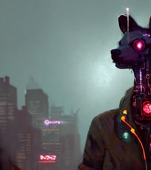 Image similar to new york city portrait of furry anthro anthropomorphic spotted hyena head animal person fursona wearing clothes strange cybernetic muzzle gloomy rainy screenshot from the video game cyberpunk 2077 digital art by Greg Rutkowski, Simon Stalenhag, christopher nolan trending on Artstation, CGSociety