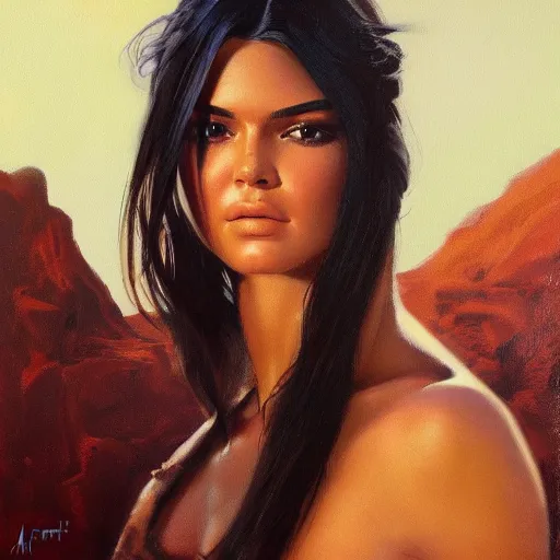 Prompt: ultra realistic portrait painting of kendall jenner as a western outlaw, art by frank frazetta, 4 k, ultra realistic, highly detailed, epic lighting.