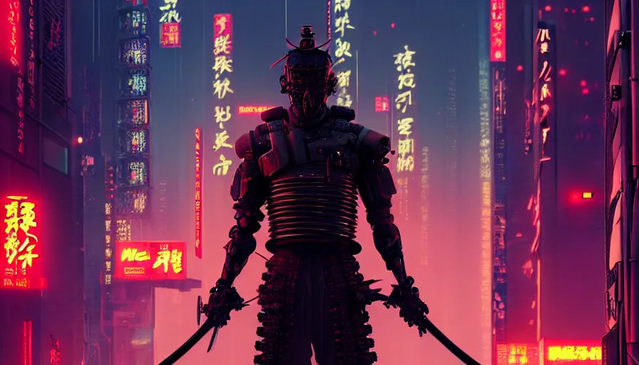 Prompt: movie still, an biomechanical samurai in night city, neon katana, cyberpunk horror style, cyberpunk, cyberpunk futuristic neo, detailed and intricate environment, octane render, unreal engine, 4 k, by greg rutkowski