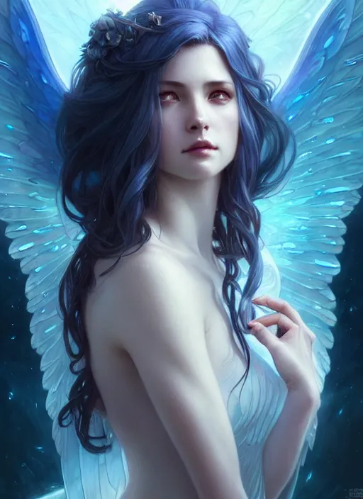 Image similar to a beautiful cinematic female archangel queen, fantasy sea landscape, fantasy magic, short aqua blue black fade hair, dark light night, intricate, elegant, sharp focus, illustration, highly detailed, digital painting, concept art, matte, art by WLOP and Artgerm and Greg Rutkowski and Alphonse Mucha, masterpiece