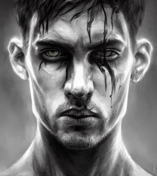 Image similar to brutal man, beautiful piercing eyes, realistic face, black and white drawing, in the style of greg rutkowski, fantasy, amazing detail, epic, intricate, elegant, smooth, sharp focus