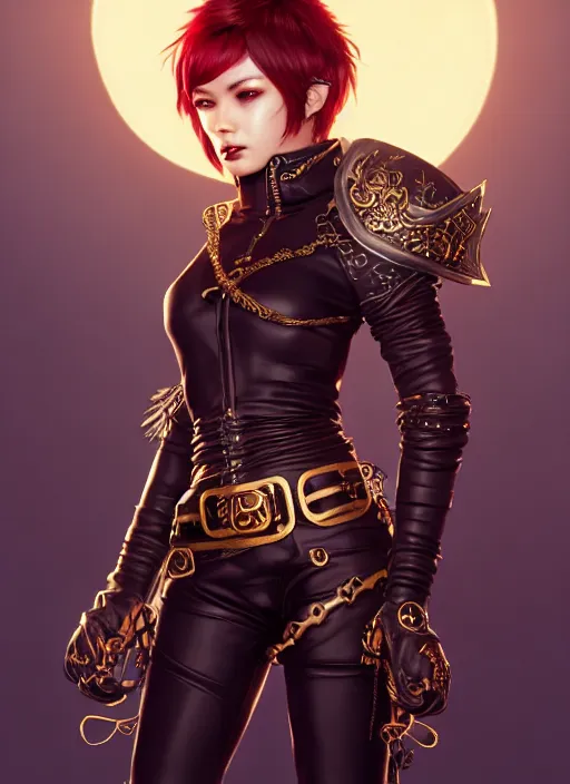 Image similar to rogue, fantasy ornate leather bandit outfit!!! beautiful and athletic short hair female!! gorgeous face and eyes!! character concept art, sharp focus, octane render! unreal engine 5! highly rendered!! trending on artstation!! detailed linework!! illustration by artgerm, wlop, and chie yoshii