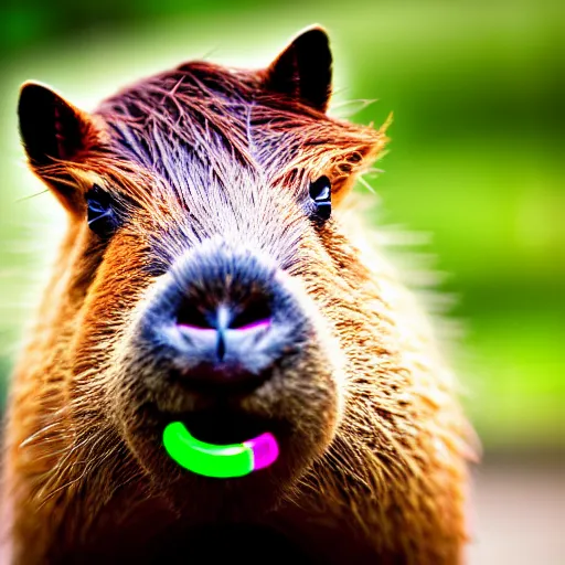 Image similar to cute capybara eating a neon nvidia gpu, chewing on a video card, cooling fans, cyberpunk, wildlife photography, bokeh, golden hour, sharp focus, 3 5 mm, taken by sony a 7 r, 4 k, award winning