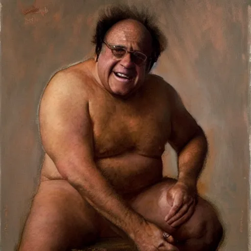 Image similar to Danny Devito with an shredded, toned, inverted triangle body type, painting by Gaston Bussiere, Craig Mullins, XF IQ4, 150MP, 50mm, F1.4, ISO 200, 1/160s, natural light