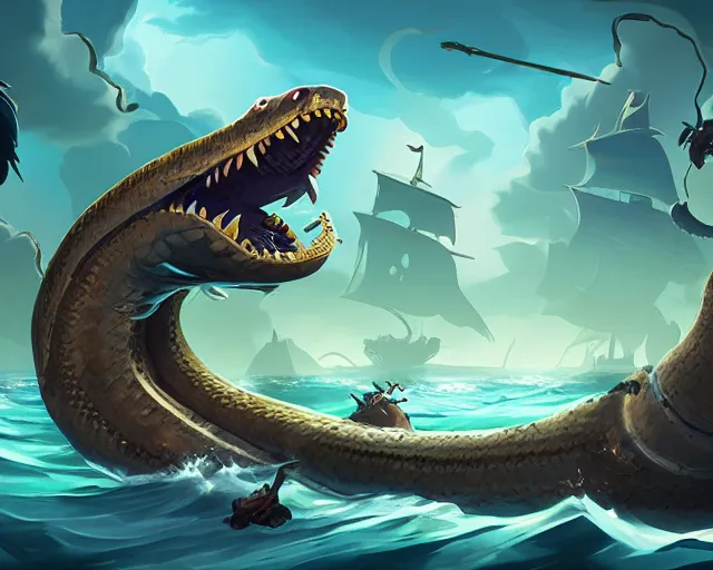 Image similar to sea of thieves animal boss character concept art for a gigantic sea serpent snake leviathan, cgsociety, trending on artstation, rare ltd,