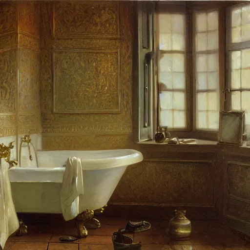 Prompt: detailed painting of a busy bathroom, filigree ornaments, fog, andreas achenbach,