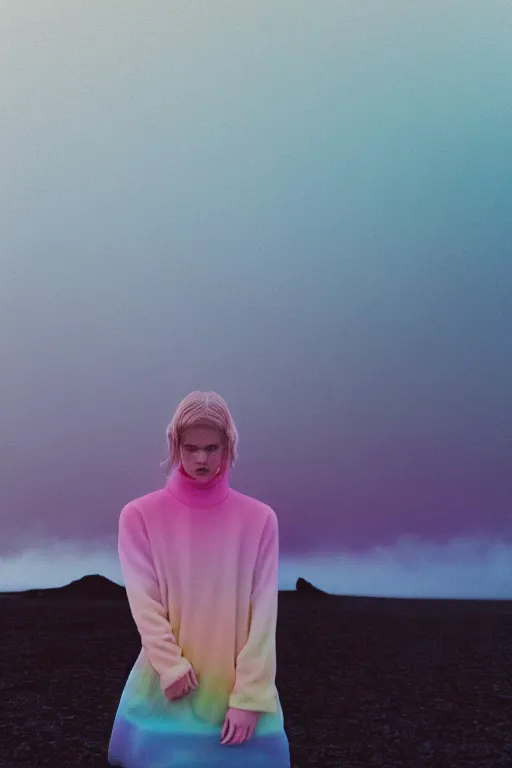 Image similar to high quality pastel coloured film close up wide angle photograph of a model wearing clothing resting on cloud furniture in a icelandic black rock environment in a partially haze filled dreamstate world. three point light, rainbow. photographic production. art directed. pastel colours. volumetric clouds. pastel gradient overlay. waves glitch artefacts. extreme facial clarity. 8 k. filmic.