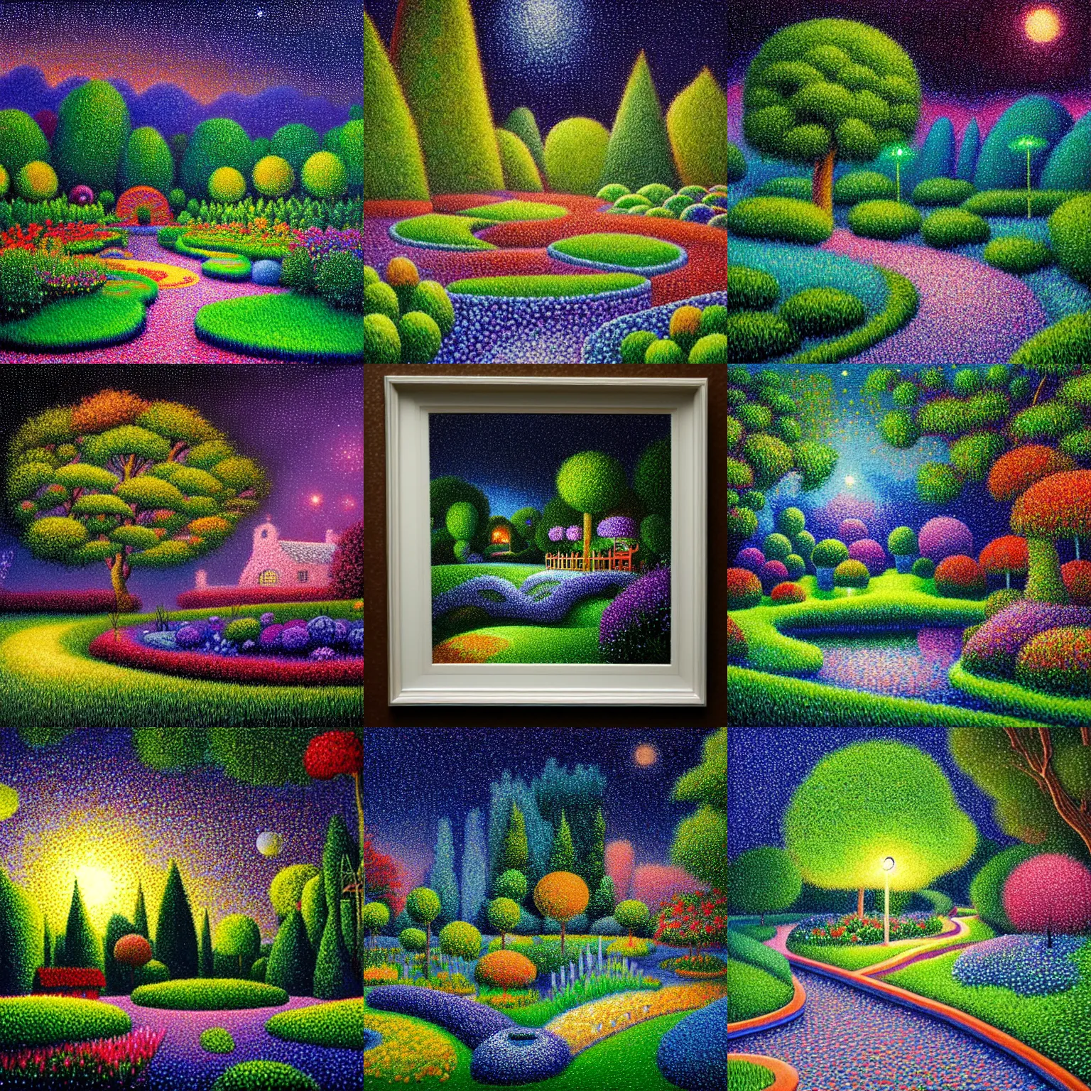 Prompt: a gorgeous, fantastic, magic night garden landscape by michael kidd, trending on artstation, deviantart, pointillism, oil on canvas, reduced colors, darker, low contrast