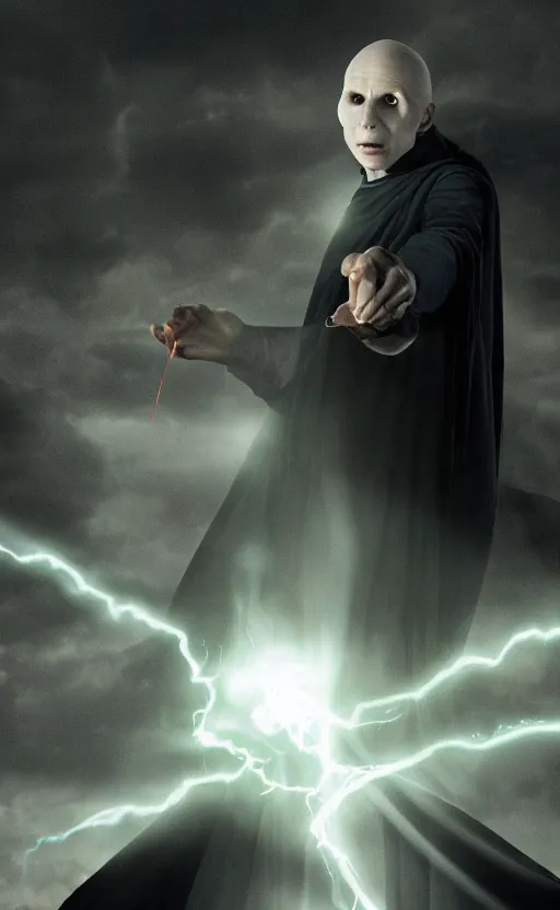 Prompt: Lord Voldemort casting an electricity spell. Digital art trending on artstation. 4k. Tyndall effect.