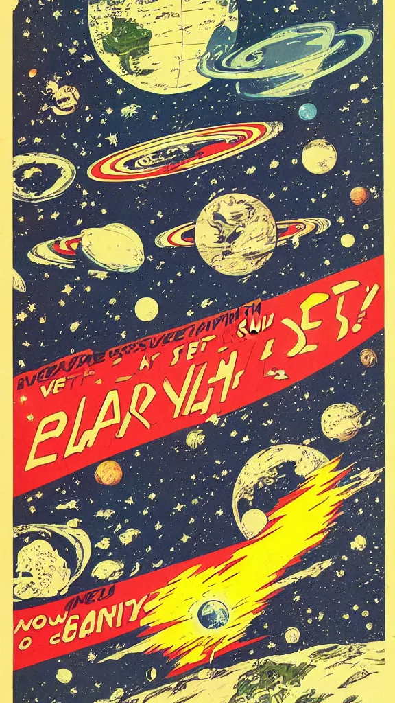 Prompt: planet earth seen from very very far away with the empty cosmic landscape on the background. Retro comic art poster.