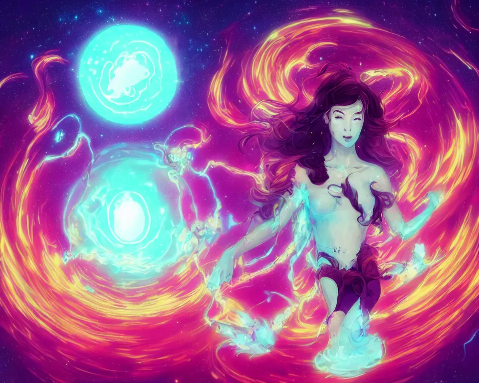 Prompt: a beautiful whimsical goddess floating above a lake basking in the moonlight, firebending, underneath a multi-colored binary blackhole with an accretion disc, glowing trails following her arms, wearing professional makeup, synthwave, by Lois van Baarle, by Greg Rutkowski, by artgerm, by beeple, by studio ghibli, cinematic angle, volumetric lighting, 4k resolution, octane render, trending on artstation, masterpiece