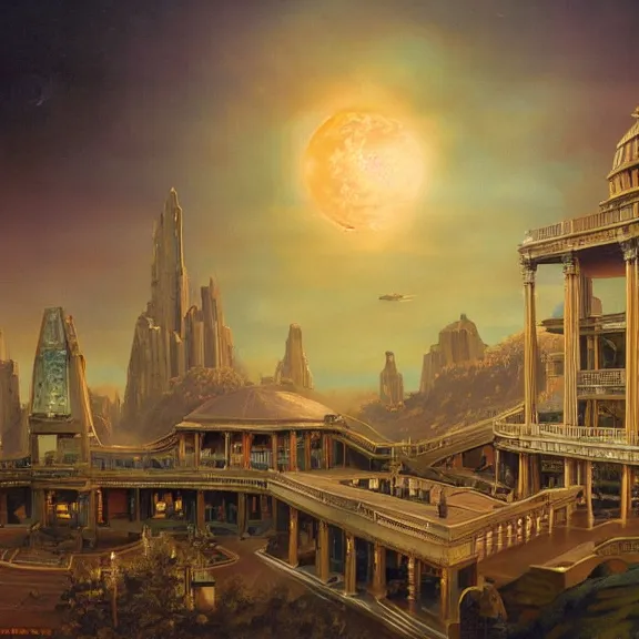 Image similar to Flan, science fiction matte painting, highly detailed, Thomas Kincaid