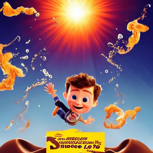 Image similar to a movie poster of a small boy flying taking off 1 0 feet from the ground by using a jetpack that spits a liquid chocolate syrup blend with milk burst with twirls of flow and fluid, and a giant white cereal bowl in the ground getting splashed by the chocolate burst, pixar 3 d animation style