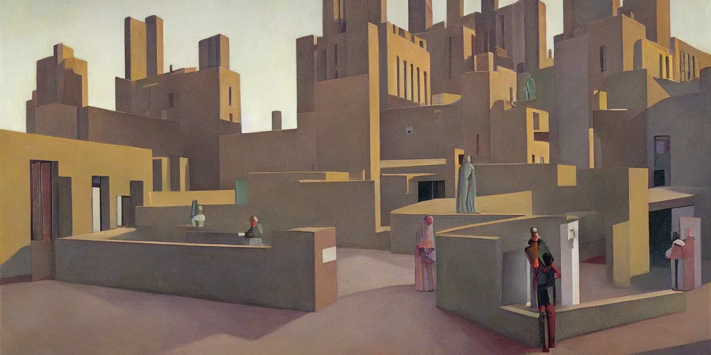 Image similar to brutalist architecture, fantastical courtyard, grant wood, pj crook, edward hopper, oil on canvas