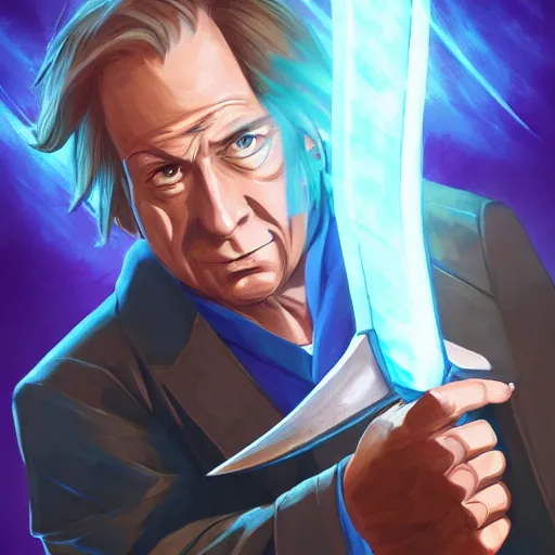 Image similar to portrait of saul goodman wielding the element of blade magecraft, wind, anime fantasy illustration by tomoyuki yamasaki, kyoto studio, madhouse, ufotable, trending on artstation