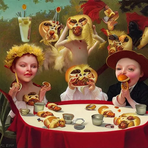 Image similar to hot dogs and yogurt is a messy eating contest, wlop, elvgren, mucha, mark ryden