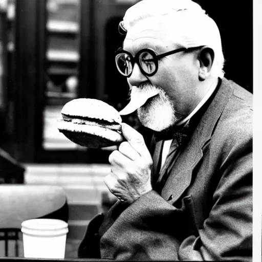 Prompt: An old vintage photograph of Colonel Sanders secretly eating a burger at McDonalds, 4k, highly detailed, photorealistic