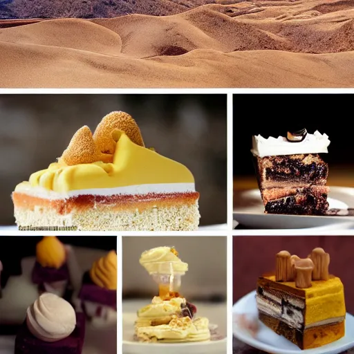 Prompt: desert full of all kinds of desserts, photography