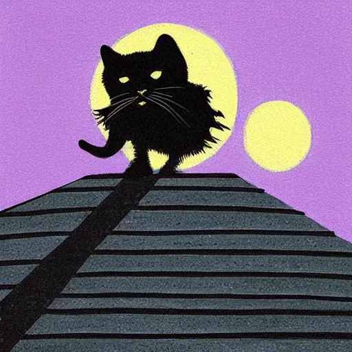 Image similar to “A black cat on top of a building at night with a full moon in the style of Vincent Van Vogh”