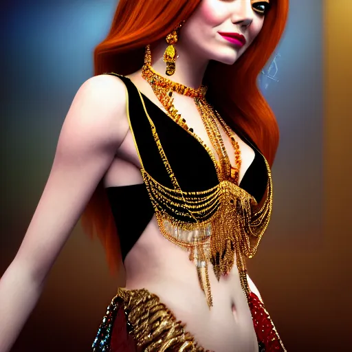 Image similar to a close up portrait of emma stone, she is dressed as a belly dancer,, arabian night, in focus sharp face with fine details, wearing black gloves, volumetric lightening, octane render, high quality, fully detailed, 4 k, alphonse mucha, masterpiece, stunning