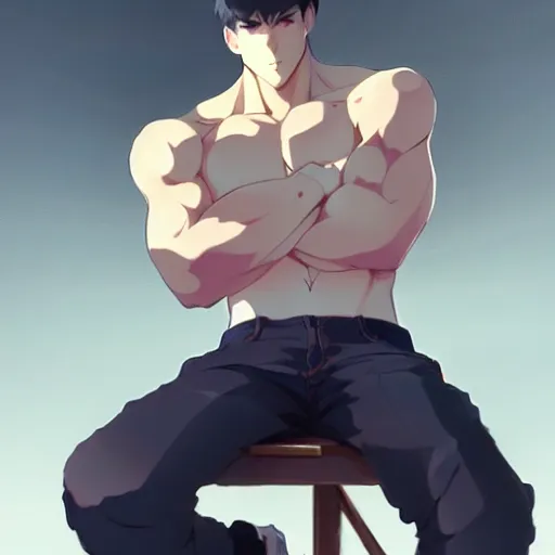 Image similar to a handsome muscular man wearing fashionable street attire, sitting down casually, square masculine facial features, short messy hair, intimidating appearance, trending on pixiv fanbox, by greg rutkowski makoto shinkai takashi takeuchi studio ghibli, akihiko yoshida