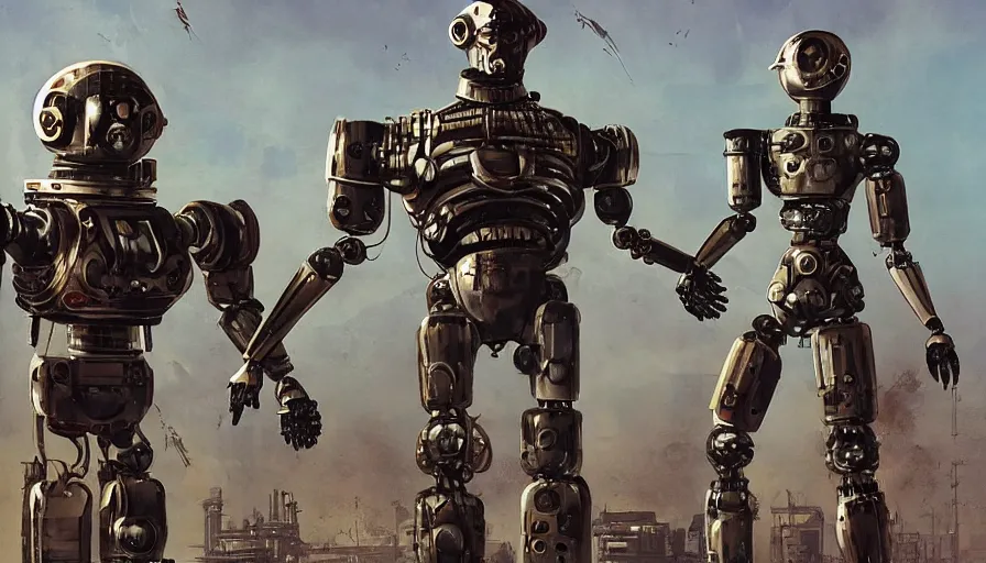Image similar to Dieselpunk Illustration of two humanoid robots holding hands looking at each other, the remains of human civilisation in the background by Chris Foss, Frank R. Paul, Komatsuzaki retro-futurism, sci fi, dystopian, trending on artstation, masterpiece, concept art, octane render