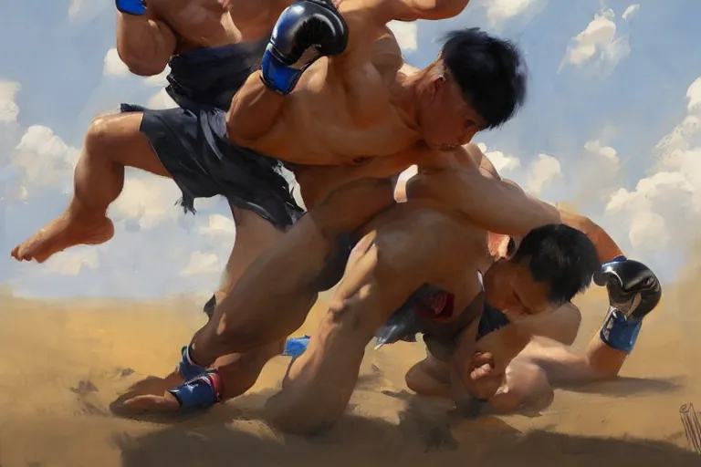 Image similar to greg manchess portrait of a filipino mma fighter defeated on the ground in an arena battle, organic painting, sunny day, matte painting, bold shapes, hard edges, street art, trending on artstation, by huang guangjian, gil elvgren, ruan jia, randy vargas, greg rutkowski