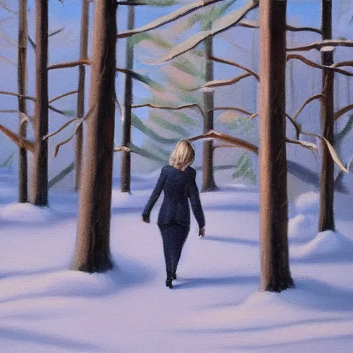 Prompt: detailed oil painting of hillary clinton walking through the winter forest