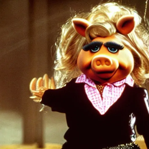 Image similar to Miss Piggy as Trinity in The Matrix (1999) action bullet time, leather outfit, explosions scene from movie