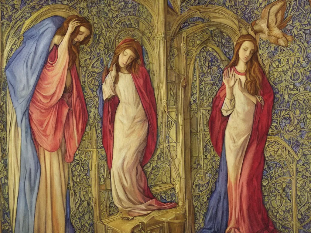 Image similar to oil painting of the annunciation in an art nouveau style