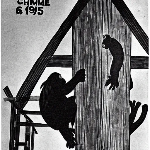 Image similar to A chimpanzee constructing a house, 1960s poster style