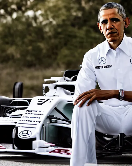 Image similar to a portrait of barack obama as a mercedes f 1 driver in a white overall with the face of barack obama, outdoor, professional portrait photography, ambient light