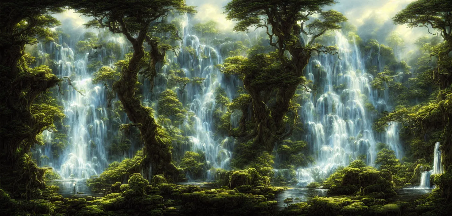 Prompt: a painting of a waterfall in a random magic forest, a detailed matte painting landscape by todd lockwood, deviantart, fantasy art, matte painting, matte drawing, airbrush art