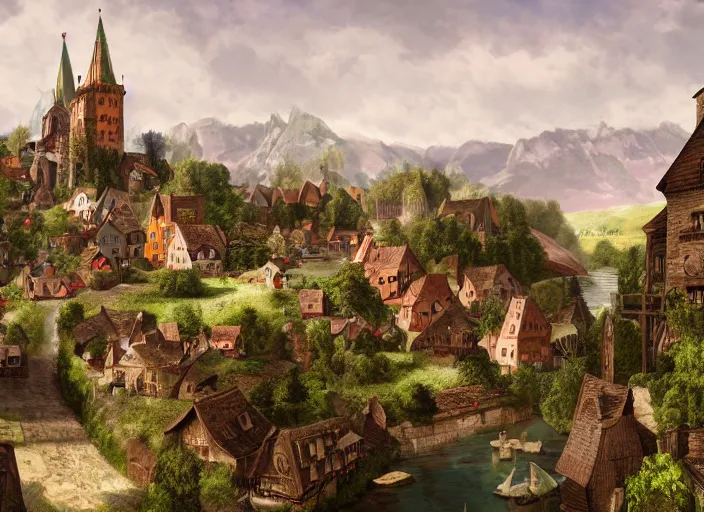 Image similar to ! dream a [ medieval ]!! german village with people selling various items, sitting on stiffly vivacious mountain ridges, trending on artstation, 4 k quality, polycount