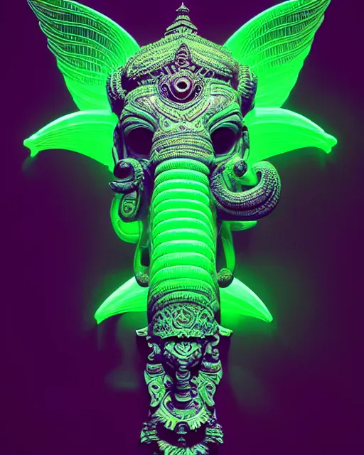 Image similar to 3 d ornate carved ganesha with profile portrait, sigma 5 0 0 mm f / 5. beautiful intricate highly detailed quetzalcoatl skull. neon green glow bioluminescent, plasma, lava, ice, creature, thunderstorm! artwork by tooth wu and wlop and beeple and greg rutkowski, 8 k trending on artstation