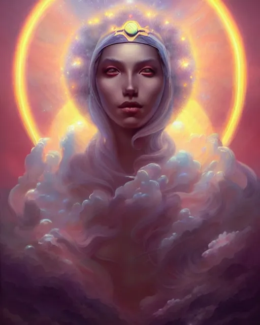 Prompt: solar priestess portrait, artgerm, lunar meadow, radiant halo of light, gilding, white gold liquid clouds, peter mohrbacher, photorealism