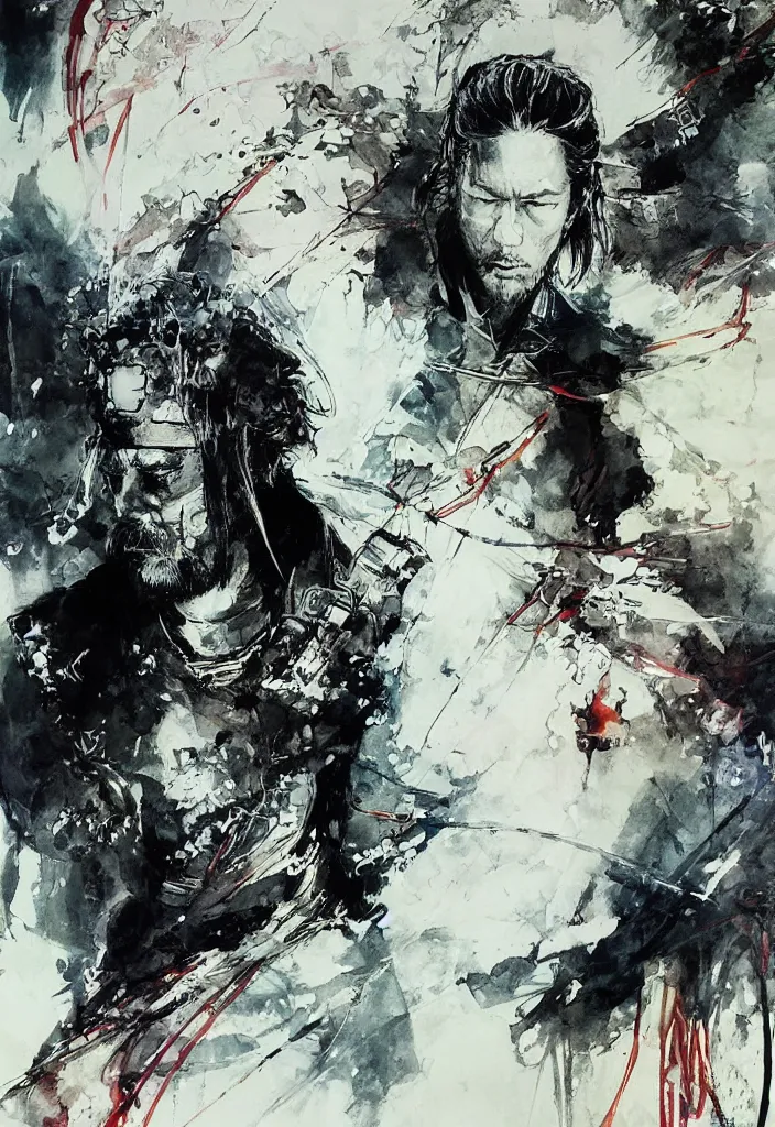 Image similar to heavenly lone samurai, painting, by greg ruthowski, yoshikata amano, yoji shinkawa, alphonse murac, collaborative artwork, beautifully drawn, heavily detailed