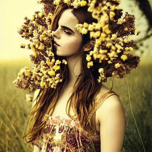 Image similar to fine art photo of the beauty goddess emma watson, she has a crown of dried flowers, by oleg oprisco