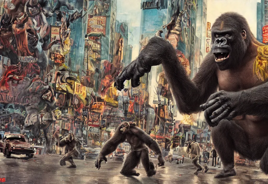 Prompt: An king Kong rage on street, Hollywood scene , cinematic , full color