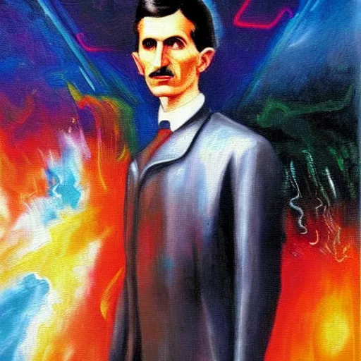 Image similar to An abstract painting of young Nikola Tesla, the background is filled with explosion of electricity