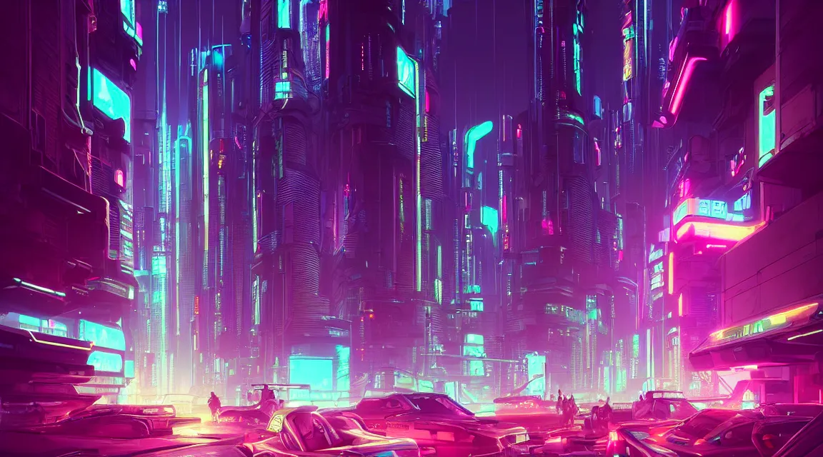 Prompt: street view of futuristic cyberpunk city at night with neon lights, retro. james gilleard. cyberpunk art by stephan martiniere, cgsociety, ring towers, line art, retrofuturism, retrowave, futuristic, zaha hadid, beeple