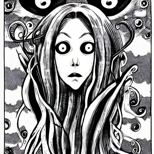 Prompt: lovecraftian many eyed angel, drawn in junji ito manga style